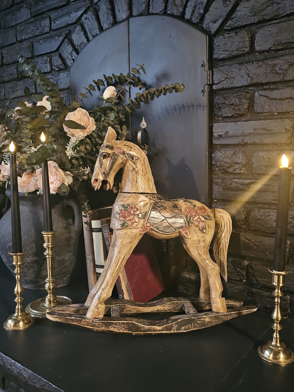 Vintage-Style Cream Wooden Rocking Horse Decorative Accent